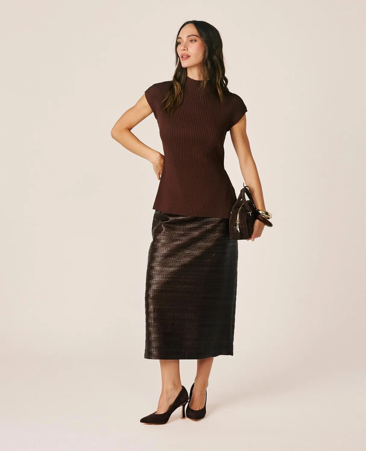 Alma en Pena I26CL1818 jupe midi marron simili cuir