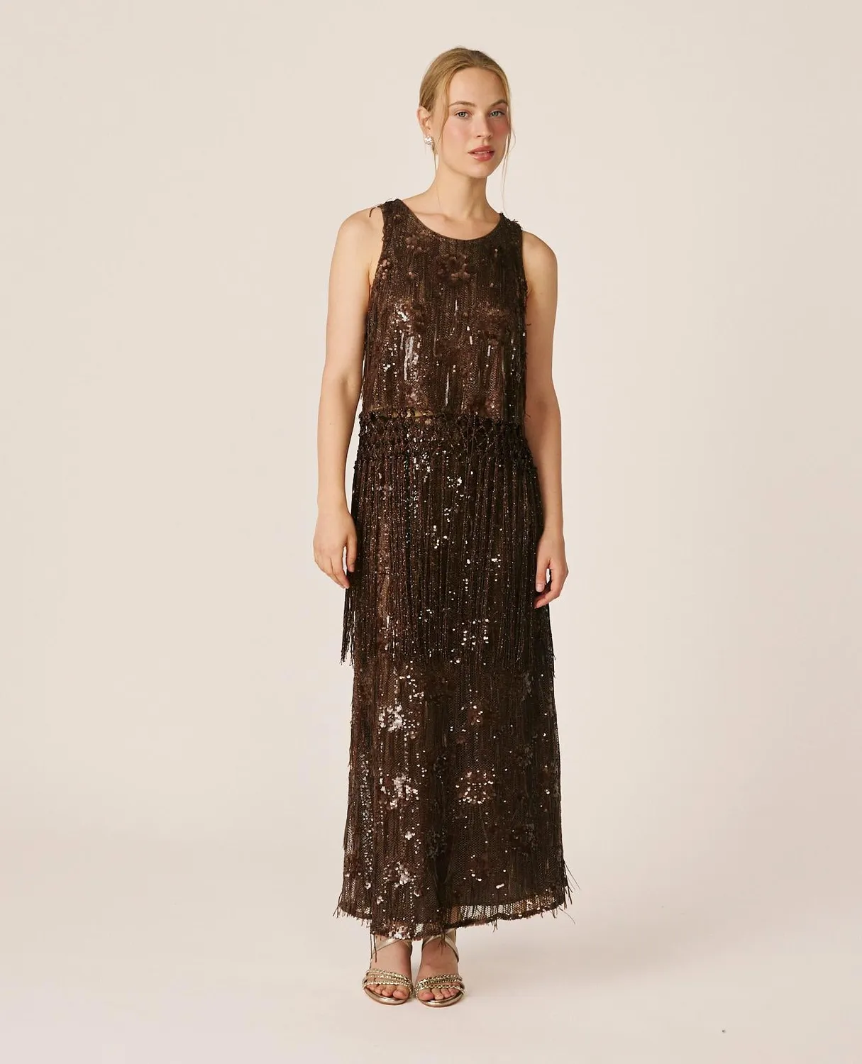 Alma en Pena I26CL1804 jupe longue marron sequins