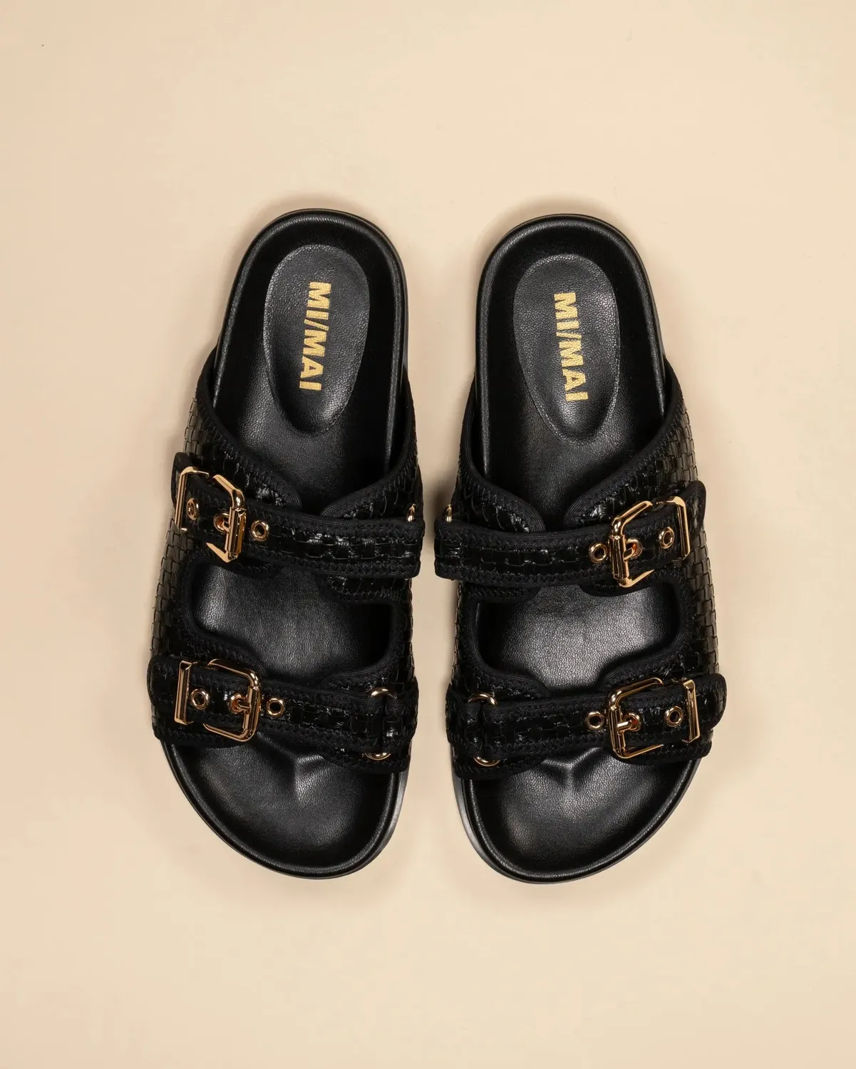Mi/Mai Yayoi mules cuir noir brides boucles plates