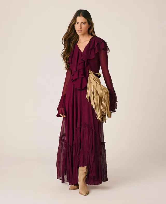 Alma en Pena I26CL0205 robe longue gaze bordeaux volants
