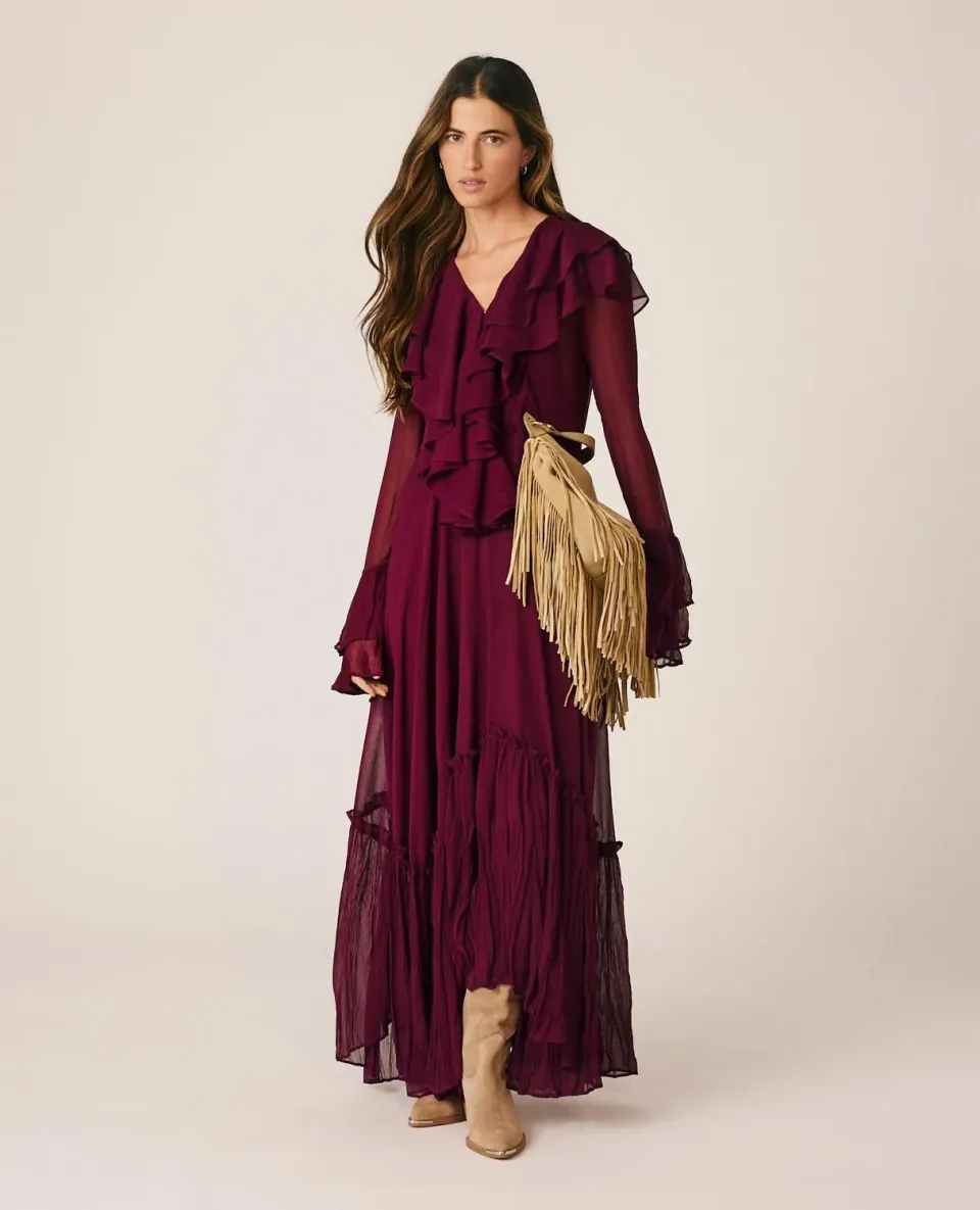Alma en Pena I26CL0205 robe longue gaze bordeaux volants