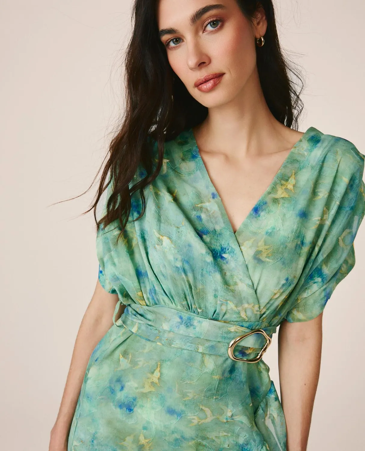 Alma en Pena V26CL0265 robe longue verte imprimée