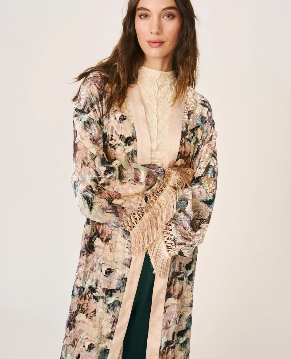 Alma en Pena I26CL1302 caftan soie rose à franges