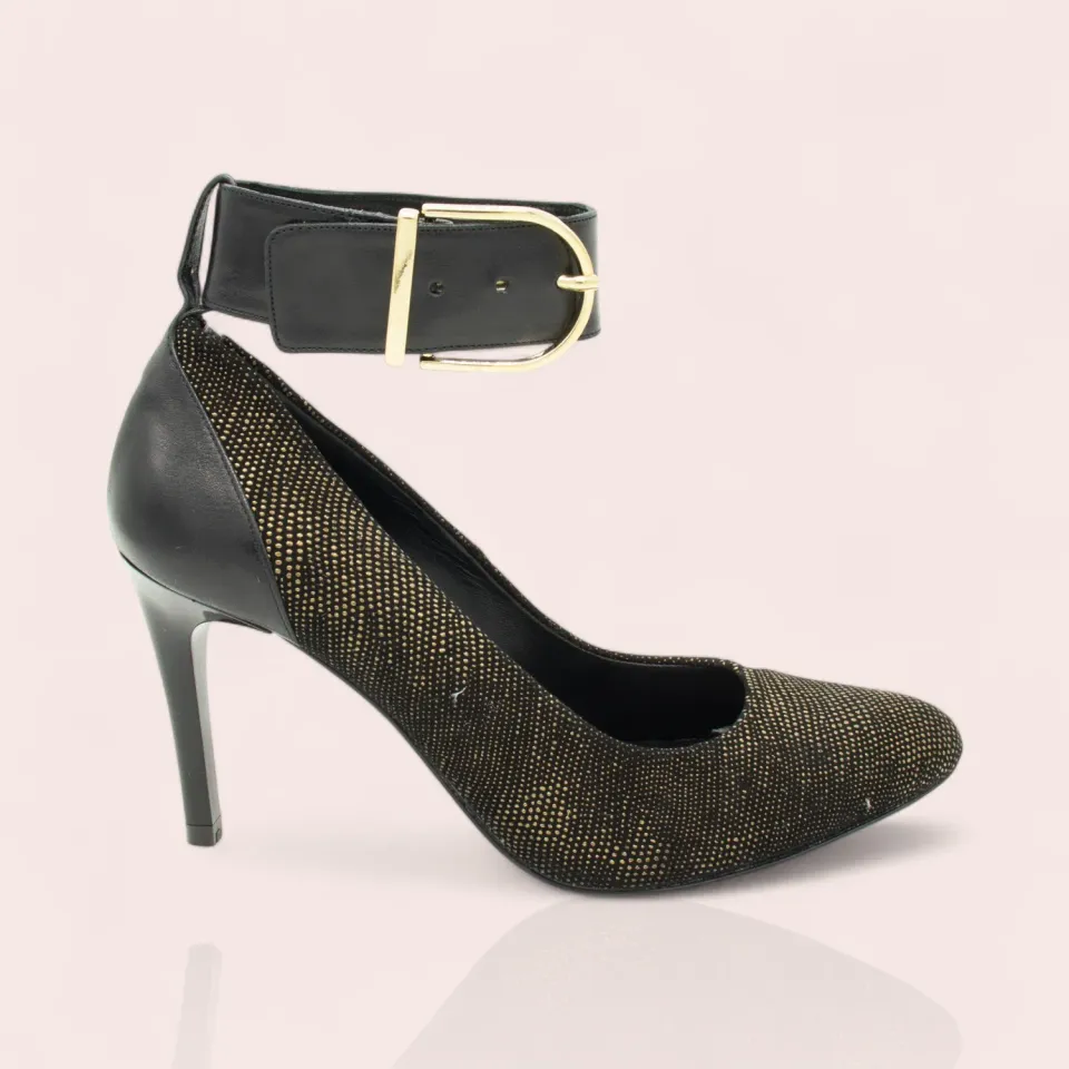 Karine Arabian Elsa escarpins noir or pâle panthère 90mm
