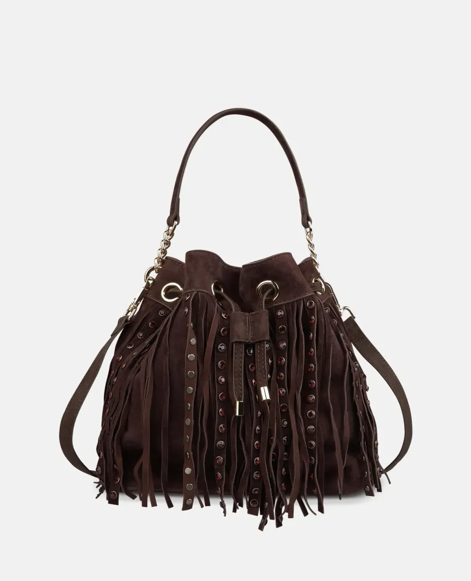 Alma en Pena BG208 sac seau daim marron franges