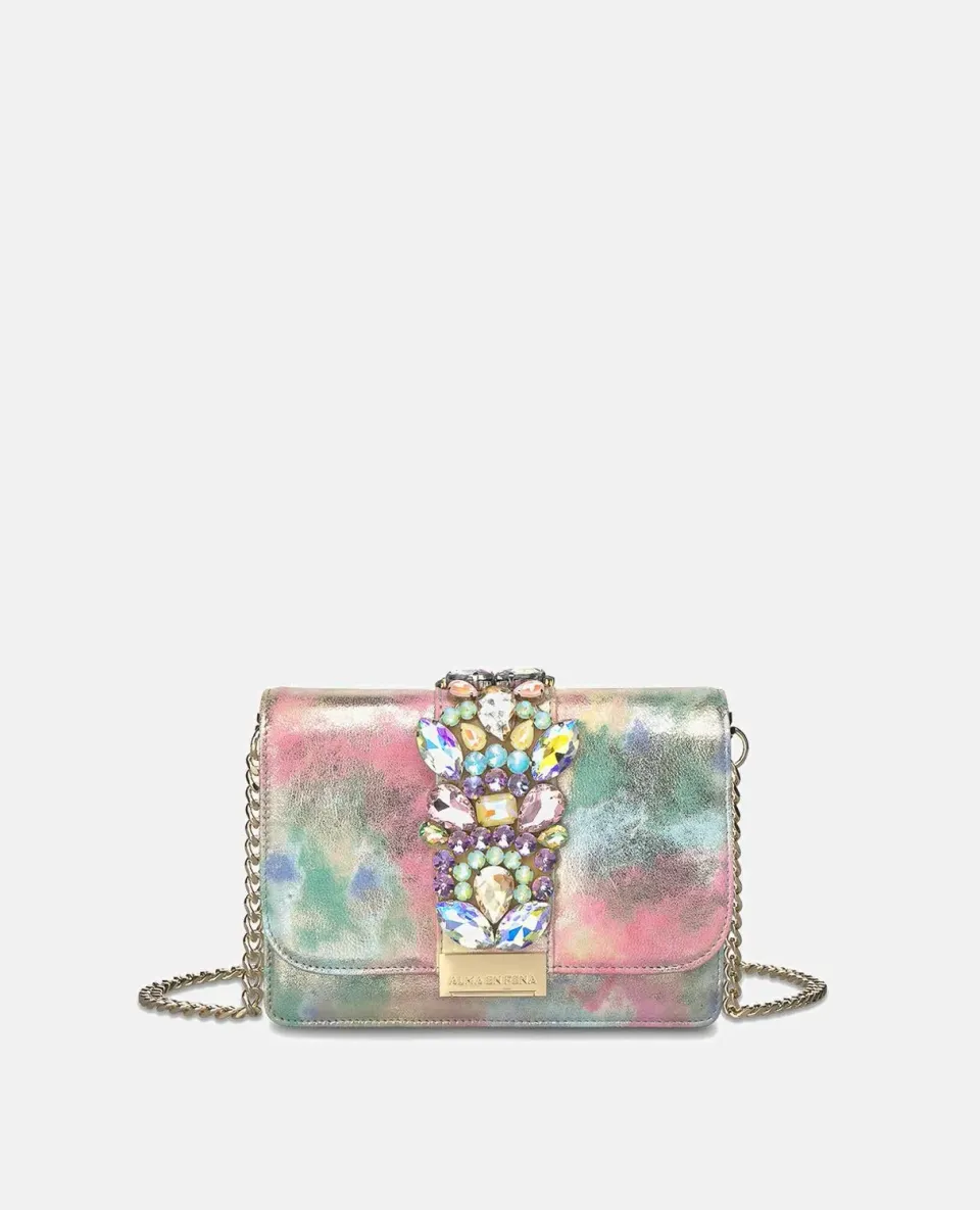 Alma en Pena BG103 clutch cuir rose à strass chaîne