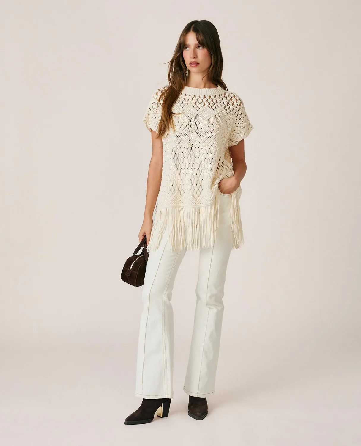 Alma en Pena I26CL1405 gilet blanc ajouré à franges