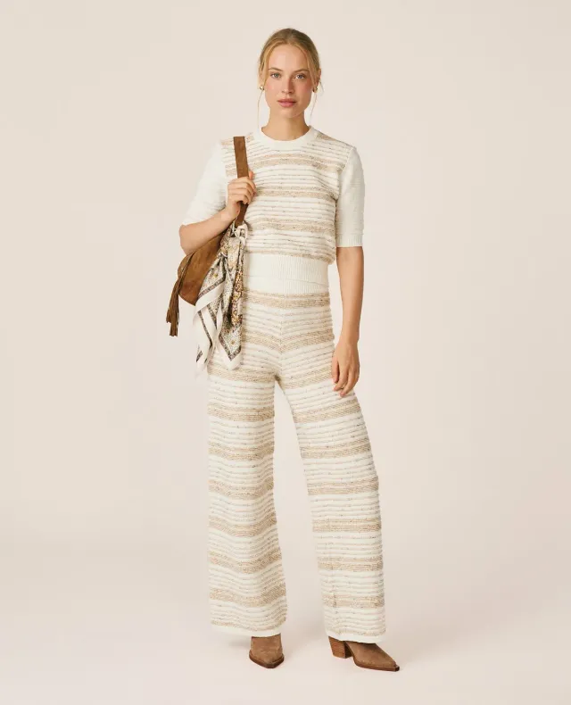 Alma en Pena I26CL1604 Pantalon maille rayé beige taille haute