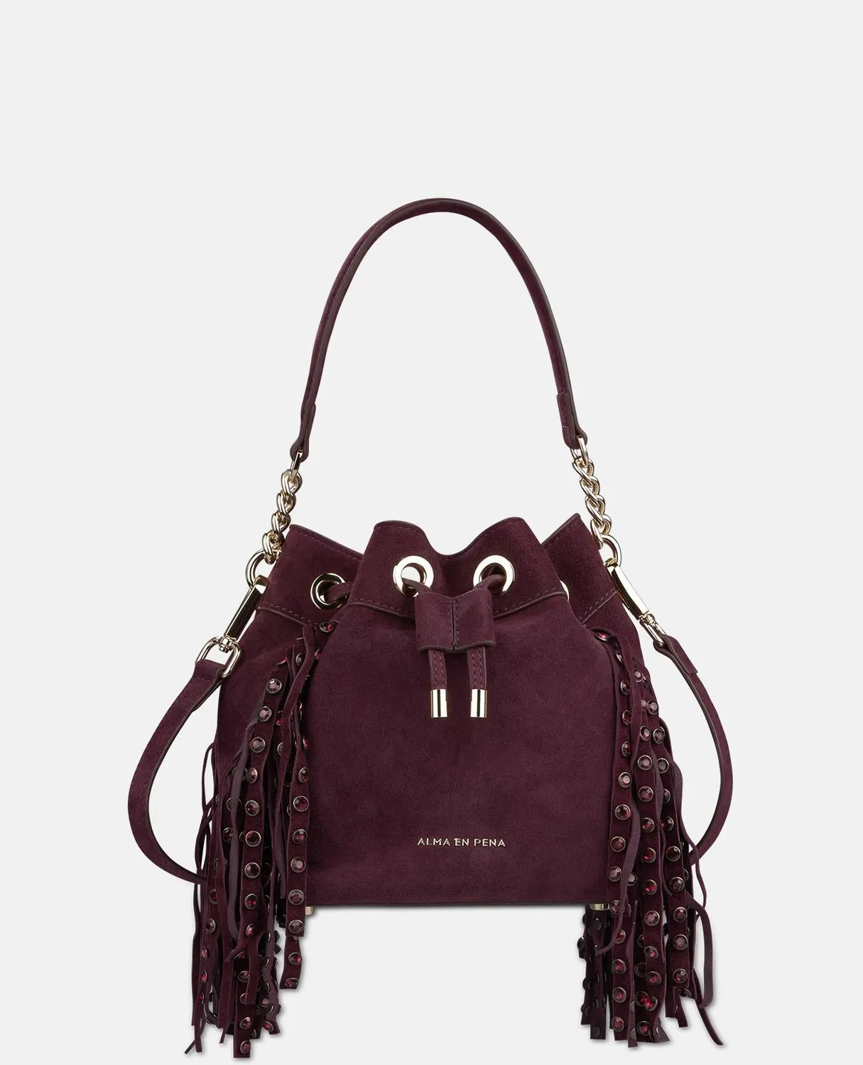 Alma en Pena BG065 sac seau bordeaux ante franges