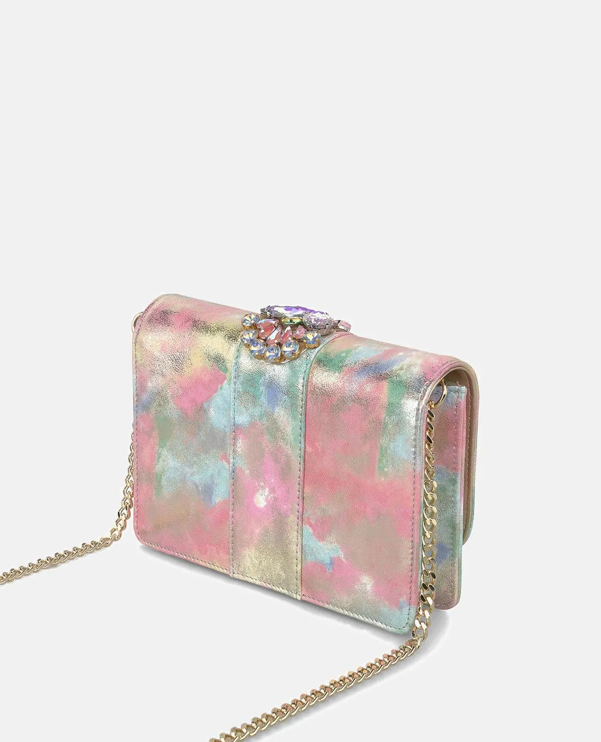 Alma en Pena BG103 clutch cuir rose à strass chaîne