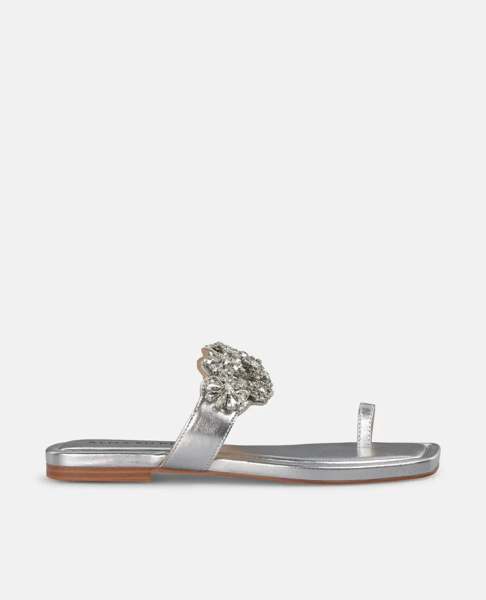 Alma en Pena V251913 tongs cuir argent strass plat