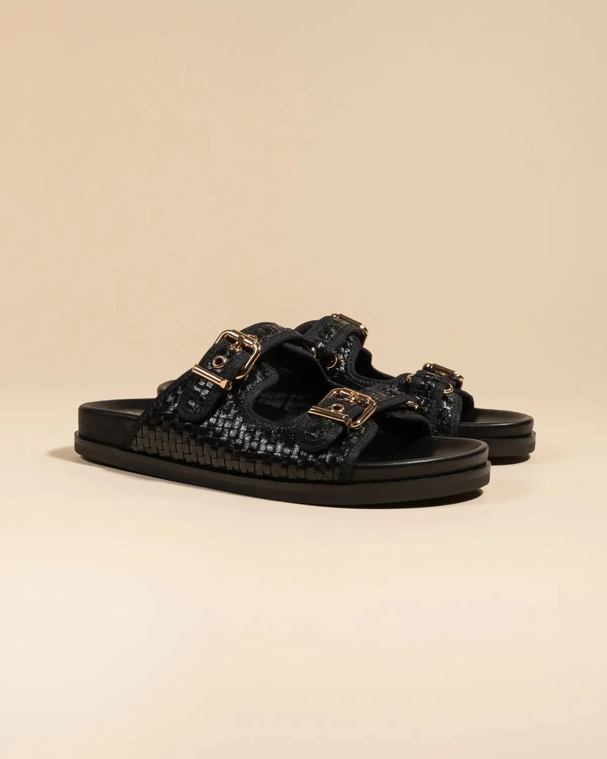 Mi/Mai Yayoi mules cuir noir brides boucles plates