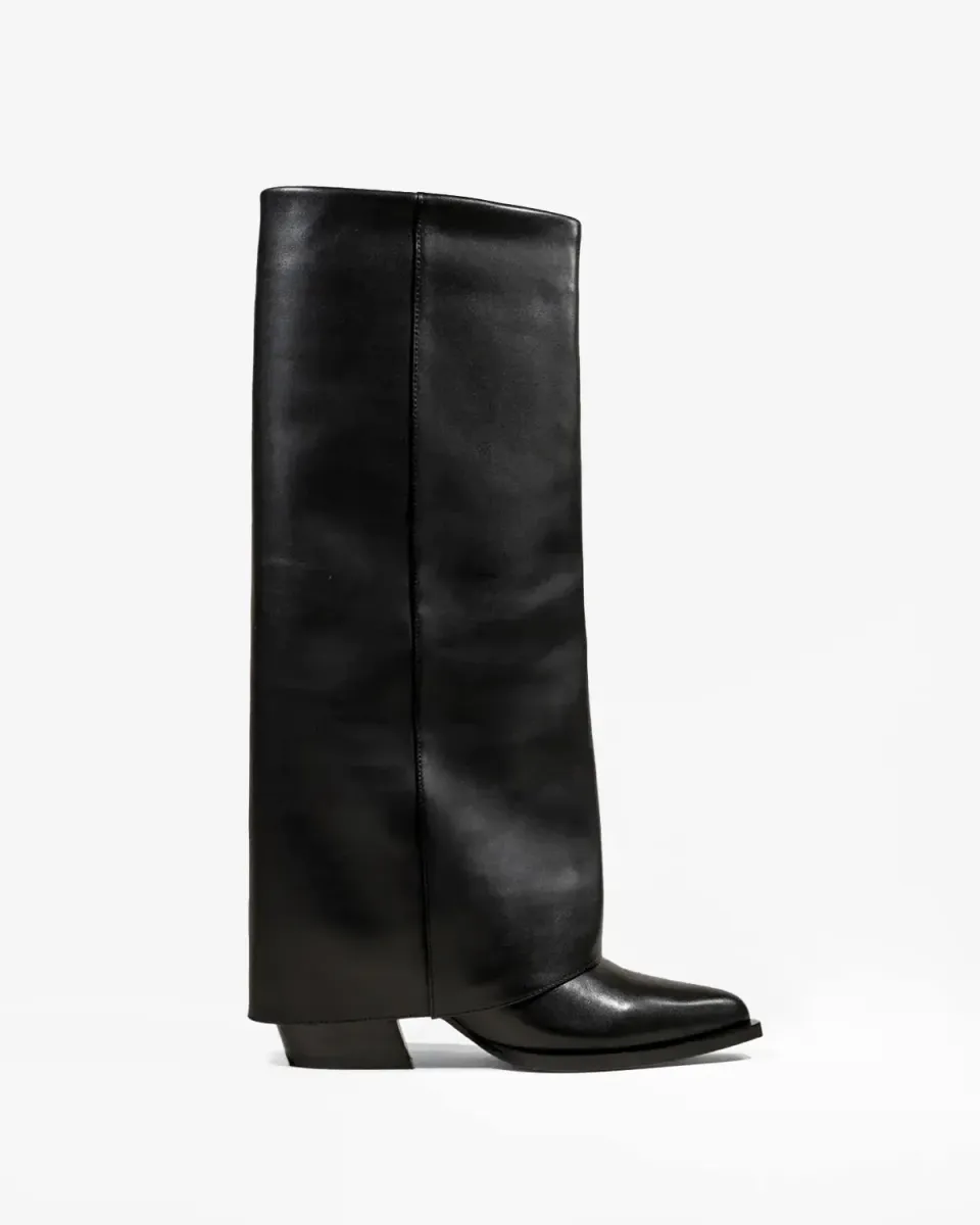 Mi/Mai Joan Black bottes cuir noir revers talon bas