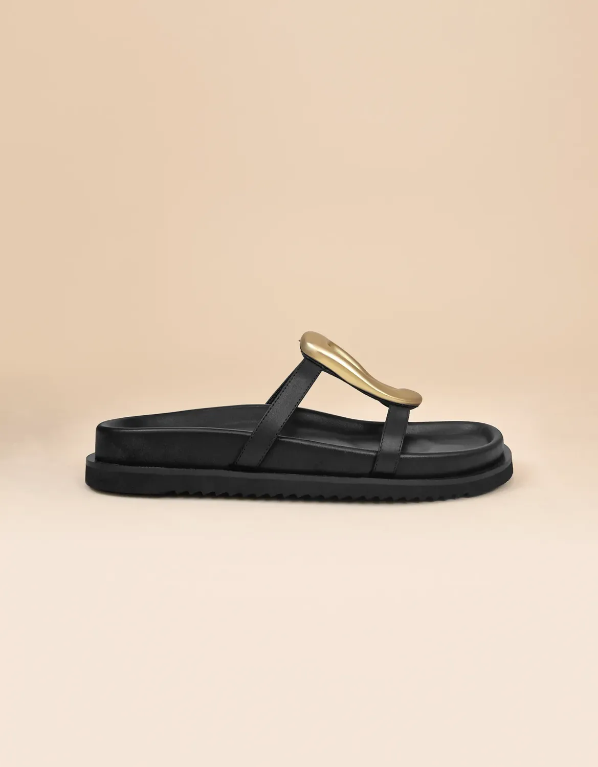 Mi/Mai Milos Black mules cuir noir bijou doré
