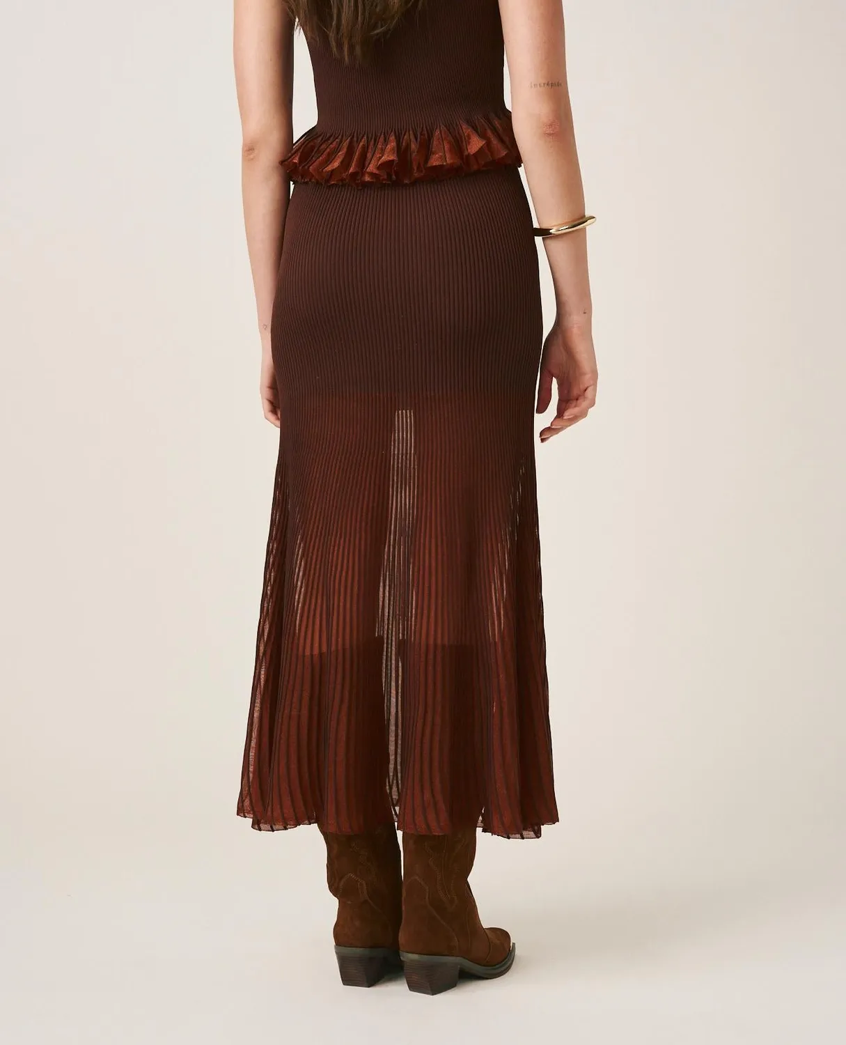 Alma en Pena I25CL1803 jupe midi marron volants