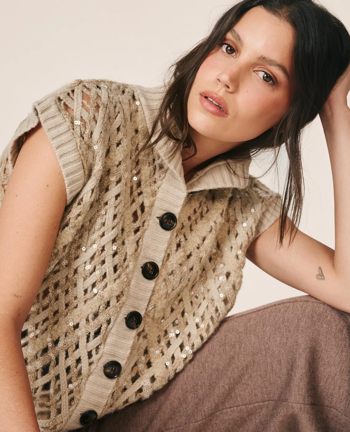 Alma en Pena I26CL1411 gilet maille ivoire laine sequins