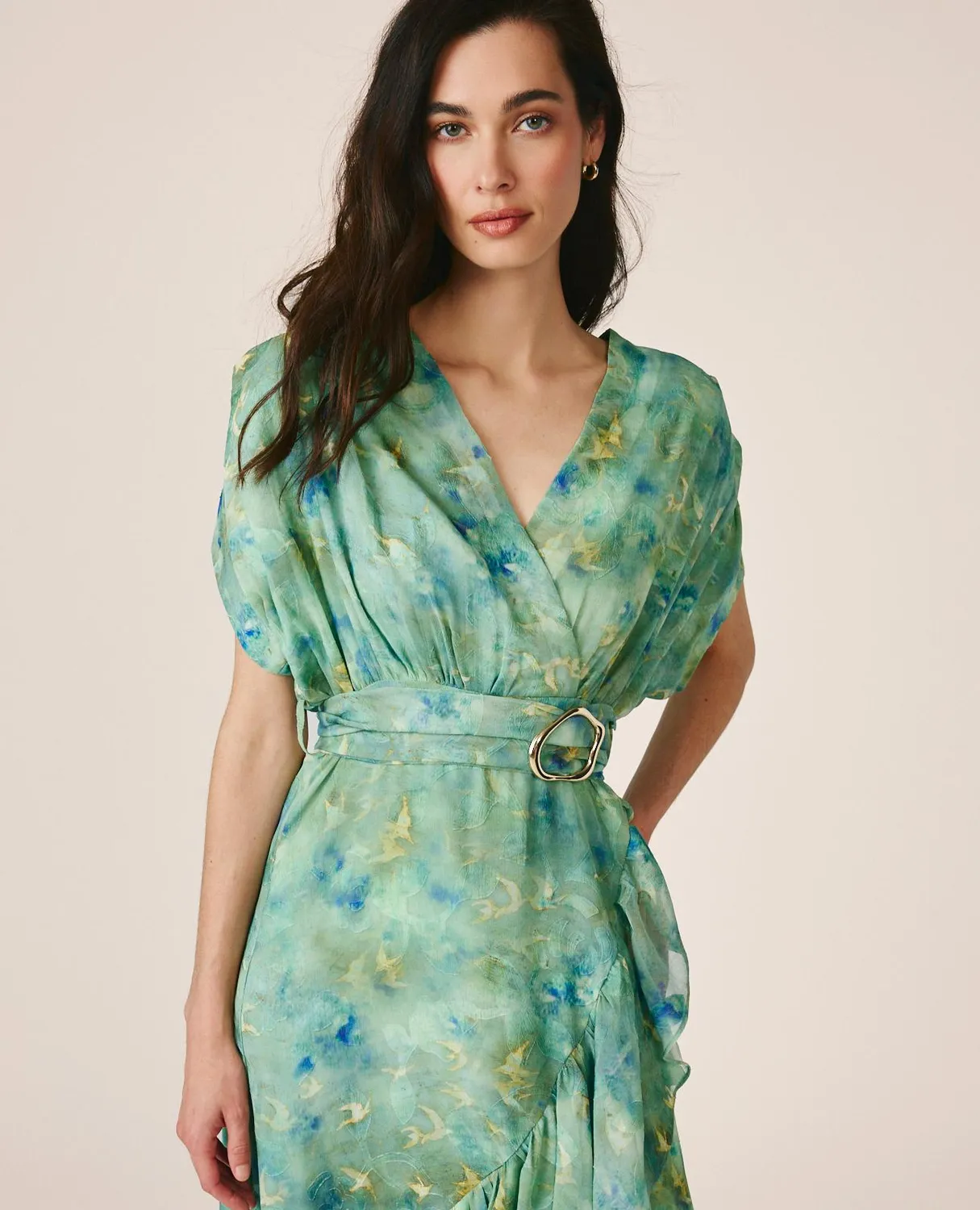Alma en Pena V26CL0265 robe longue verte imprimée