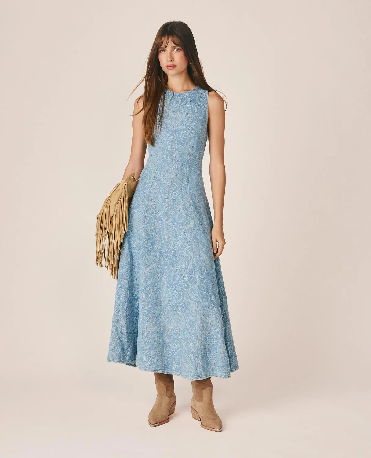Alma en Pena I26CL0228 robe longue denim bleu paisley