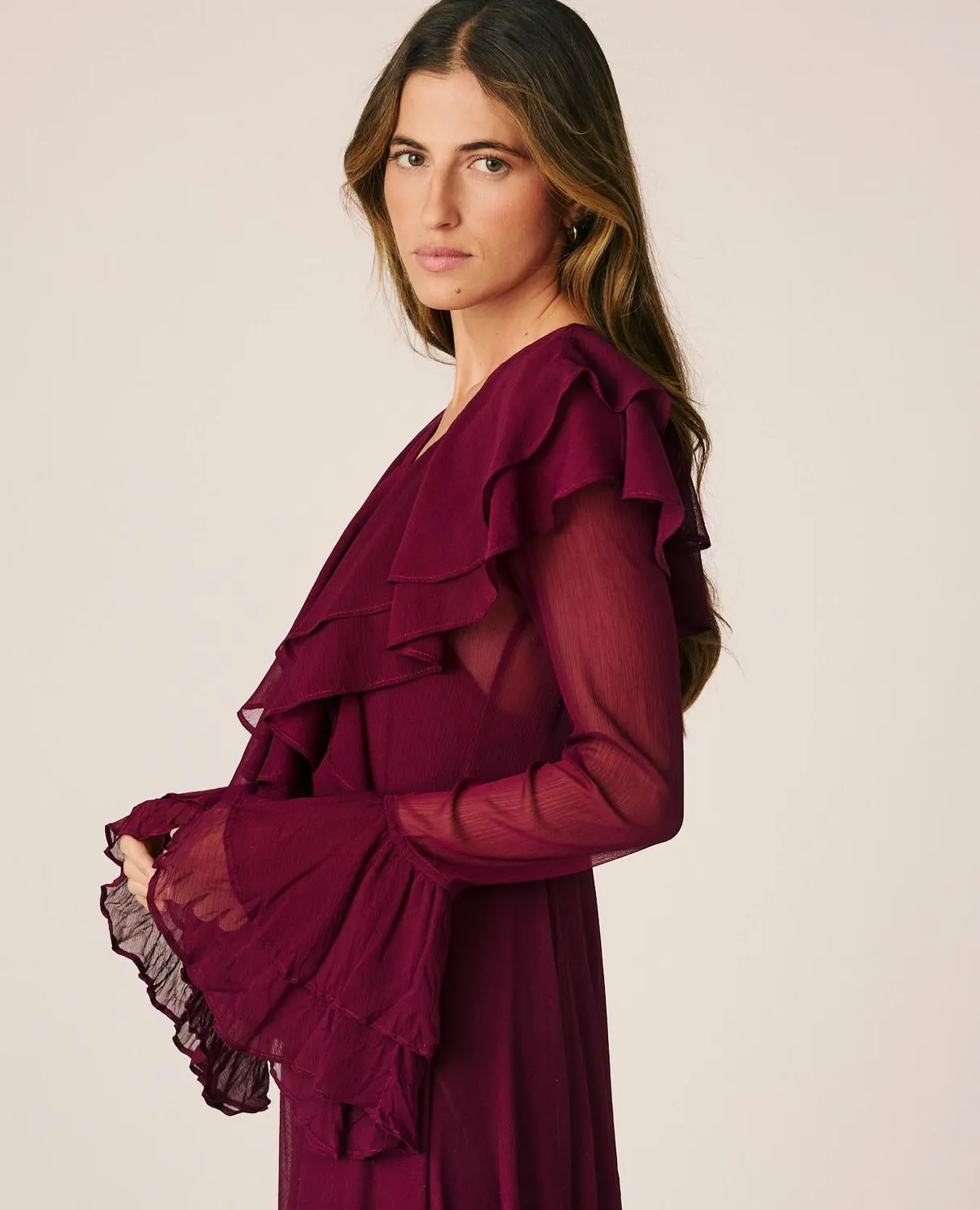 Alma en Pena I26CL0205 robe longue gaze bordeaux volants