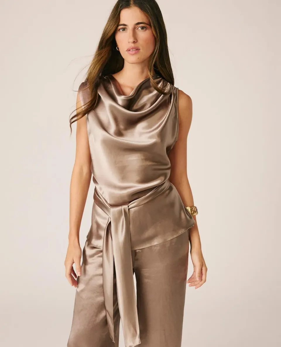 Alma en Pena I26CL0507 blouse satin vison col drapé
