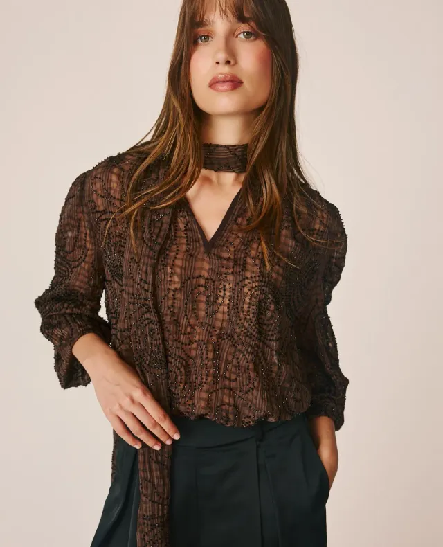 Alma en Pena I26CL0503 blouse organza marron à perles