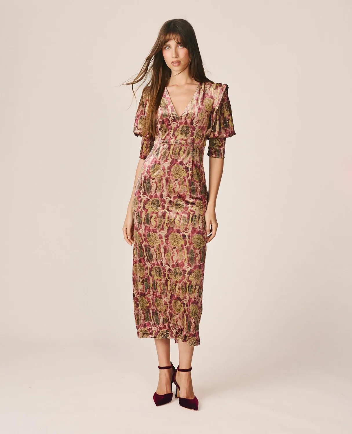 Alma en Pena I26CL0216 robe midi velours vert imprimé