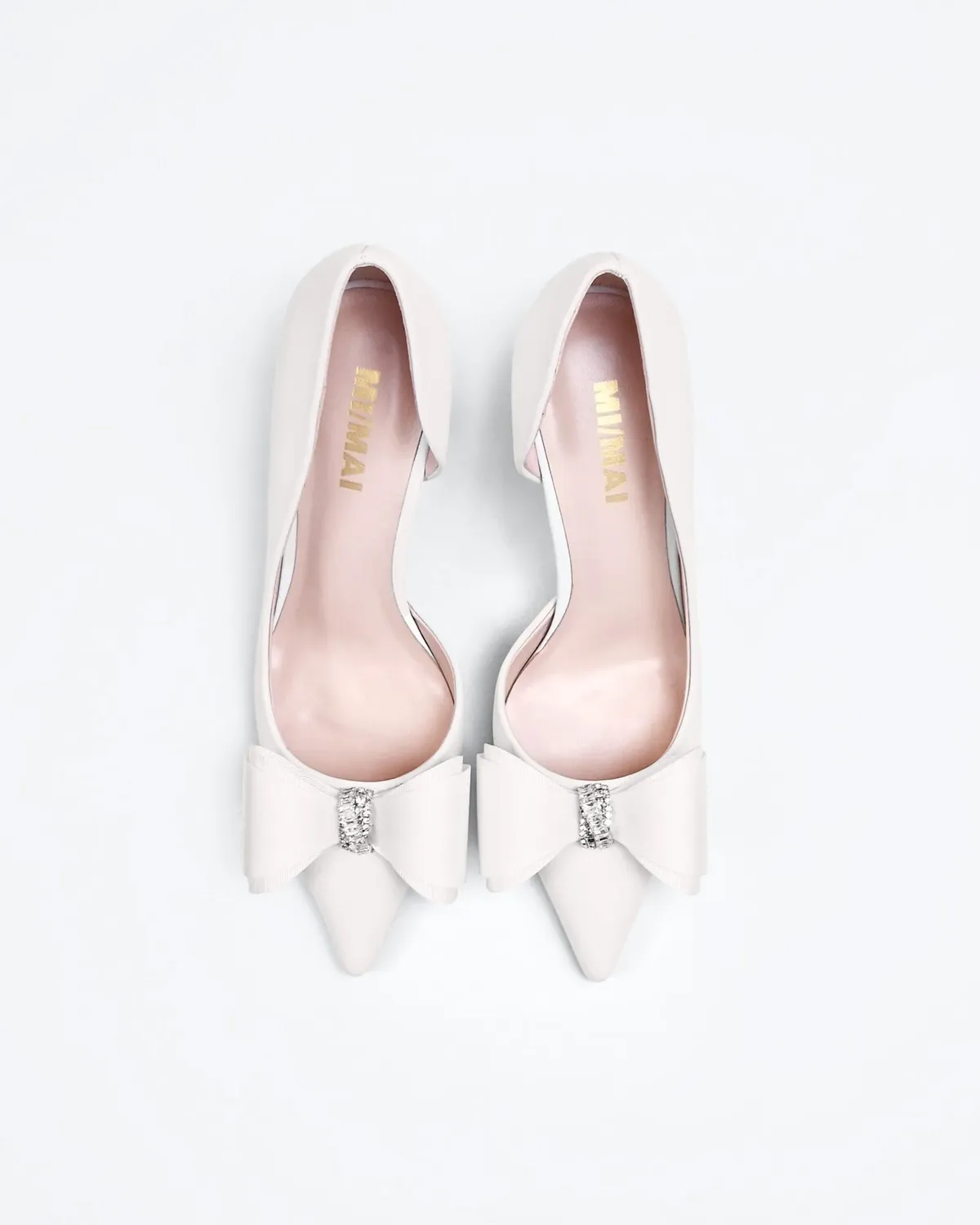 Mi/Mai Iris White Leather escarpins blancs strass noeud