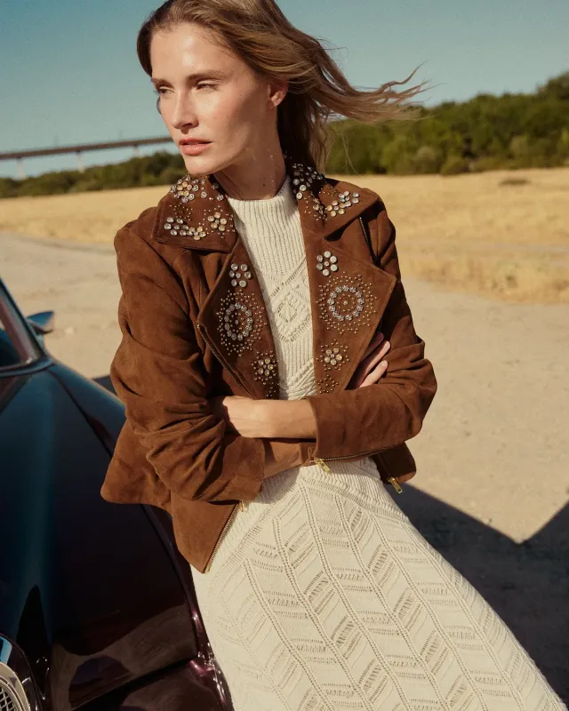 Alma en Pena I26CL1102 veste biker suède marron