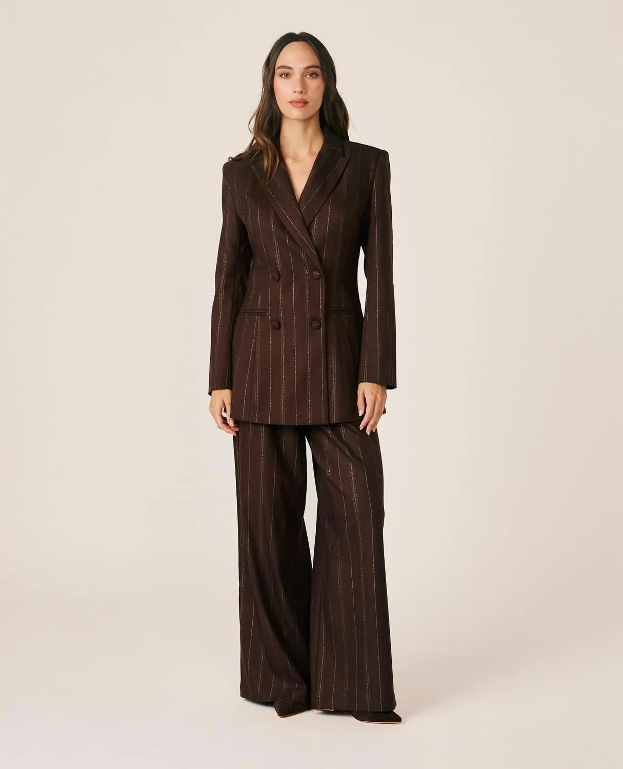Alma en Pena I26CL1003 blazer rayé marron croisé laine