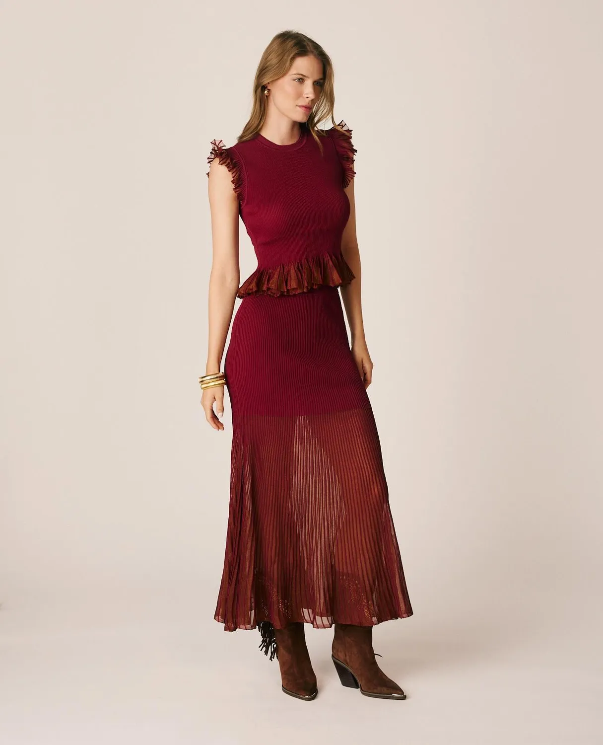 Alma en Pena I25CL1803 jupe midi bordeaux semi-transparente