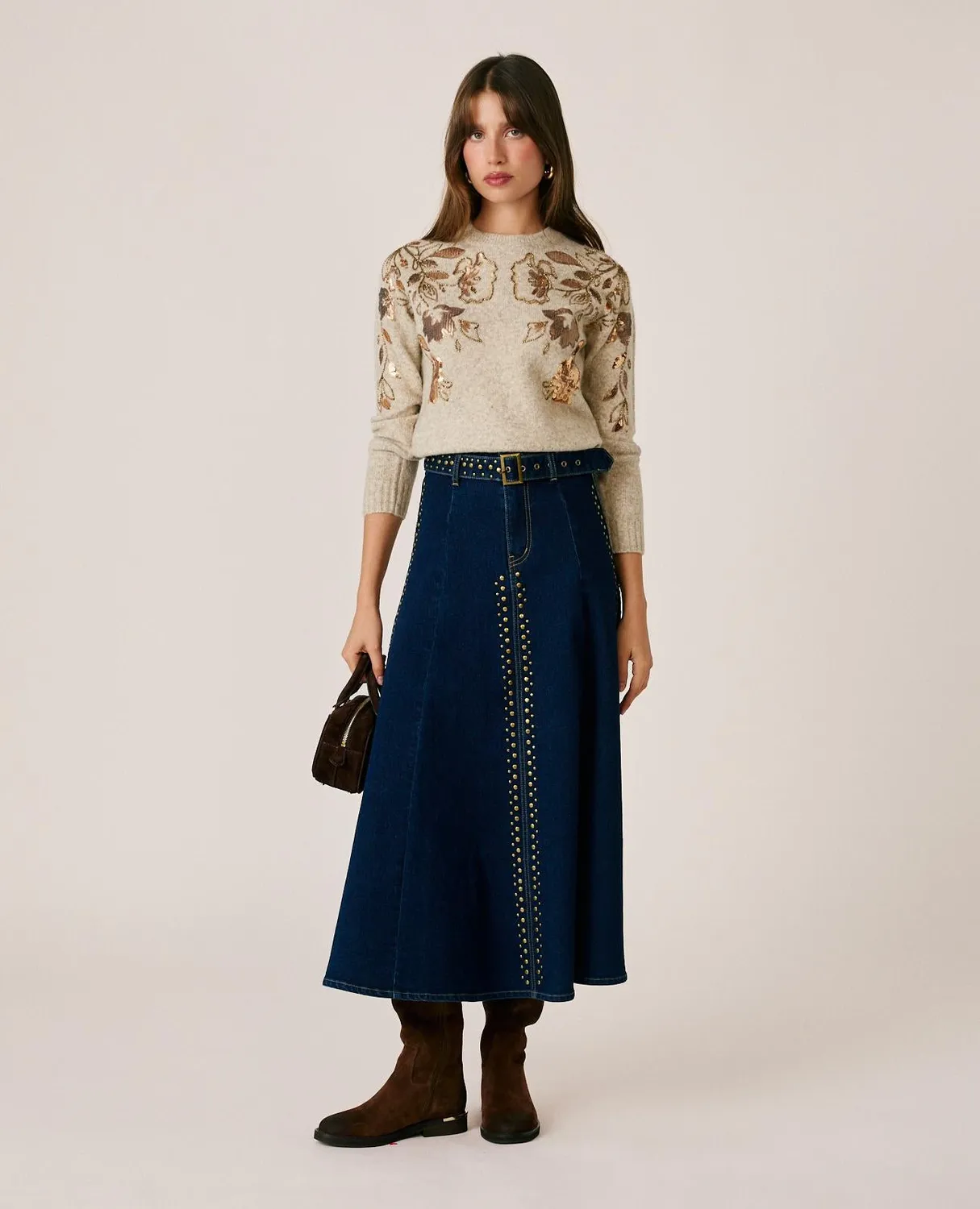 Alma en Pena I26CL0808 pull beige brodé fleurs