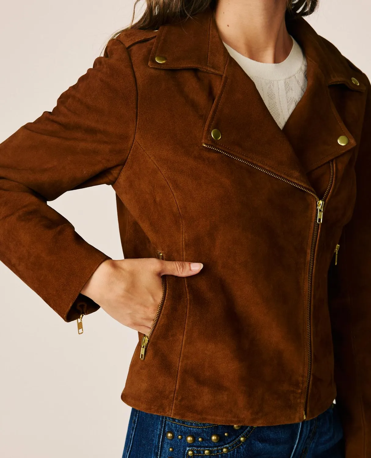 Alma en Pena I26CL1103 veste biker camel daim