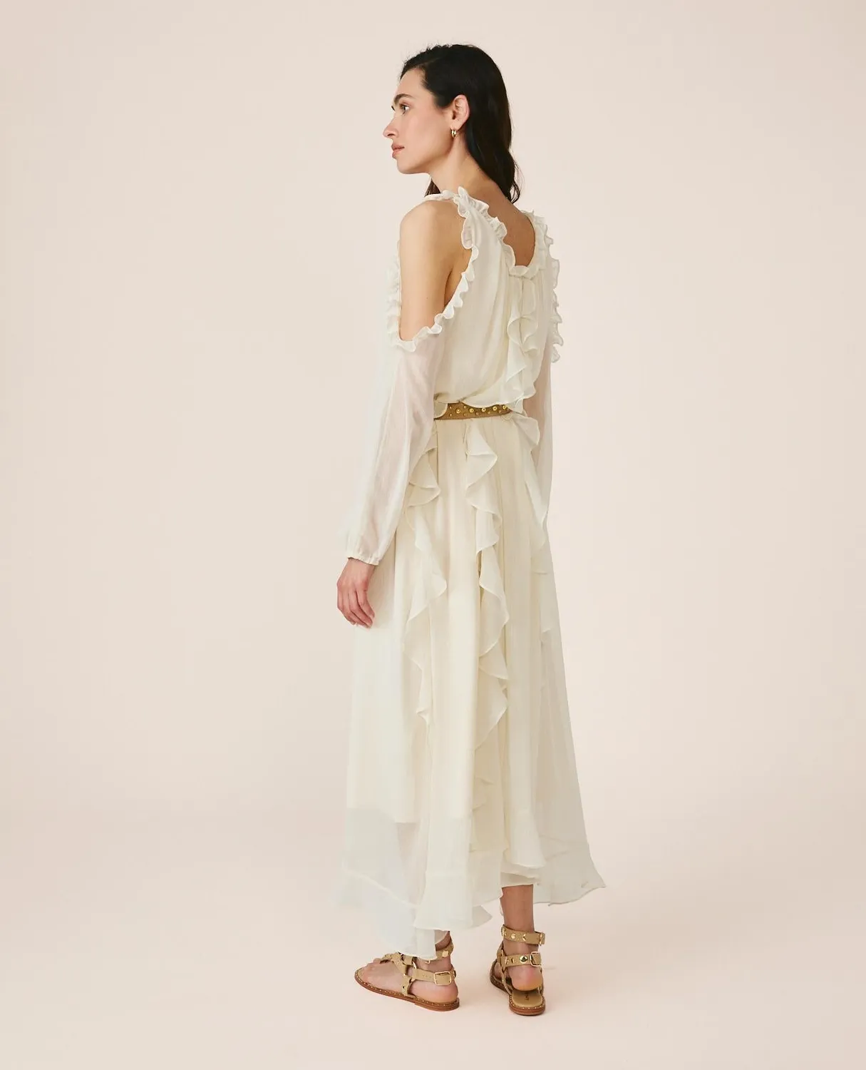 Alma en Pena V26CL0236 robe midi fluide blanche volants