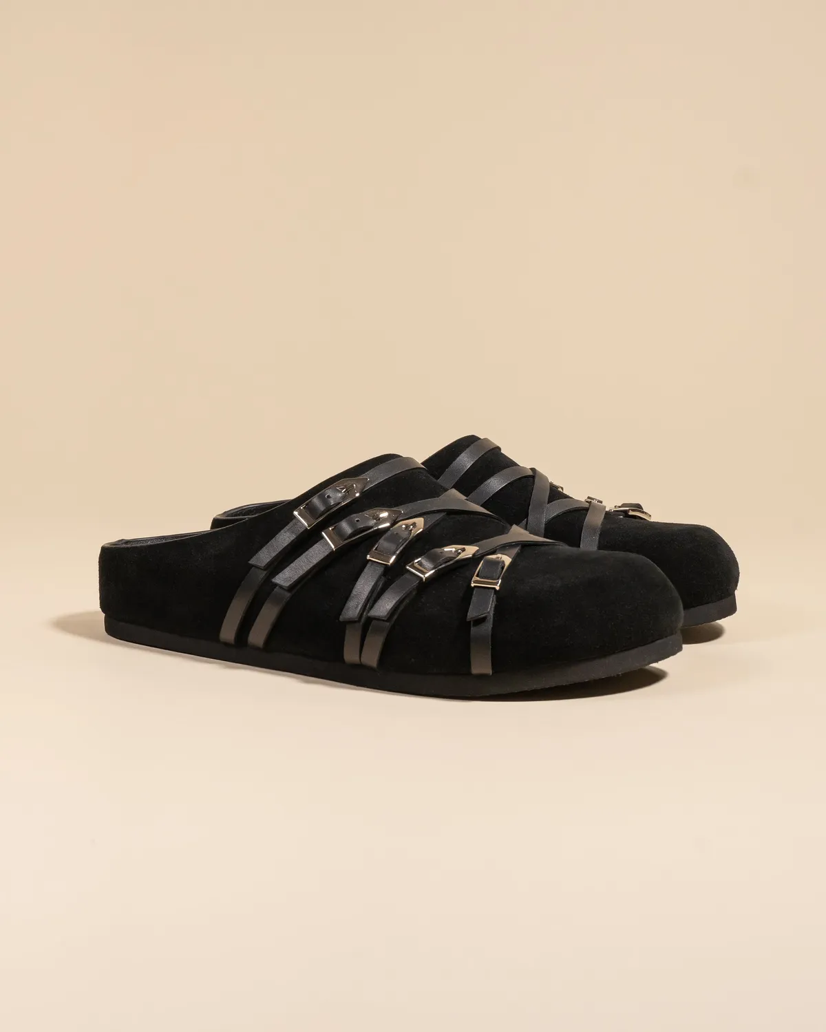 Mi/Mai Toledo sabots mules daim noir brides boucles