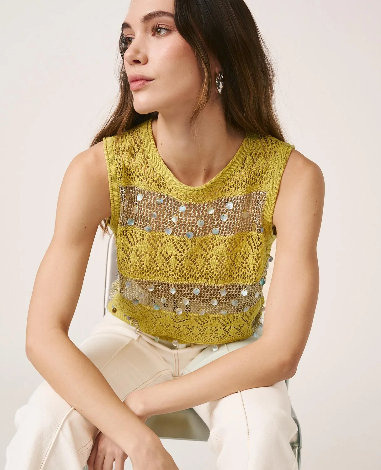 Alma en Pena V26CL0601 top maille vert olive perles