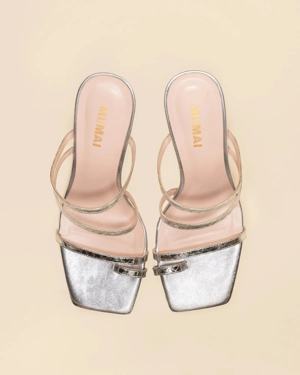 Mi/Mai Sorento Silver Snake sandales cuir argenté talon haut