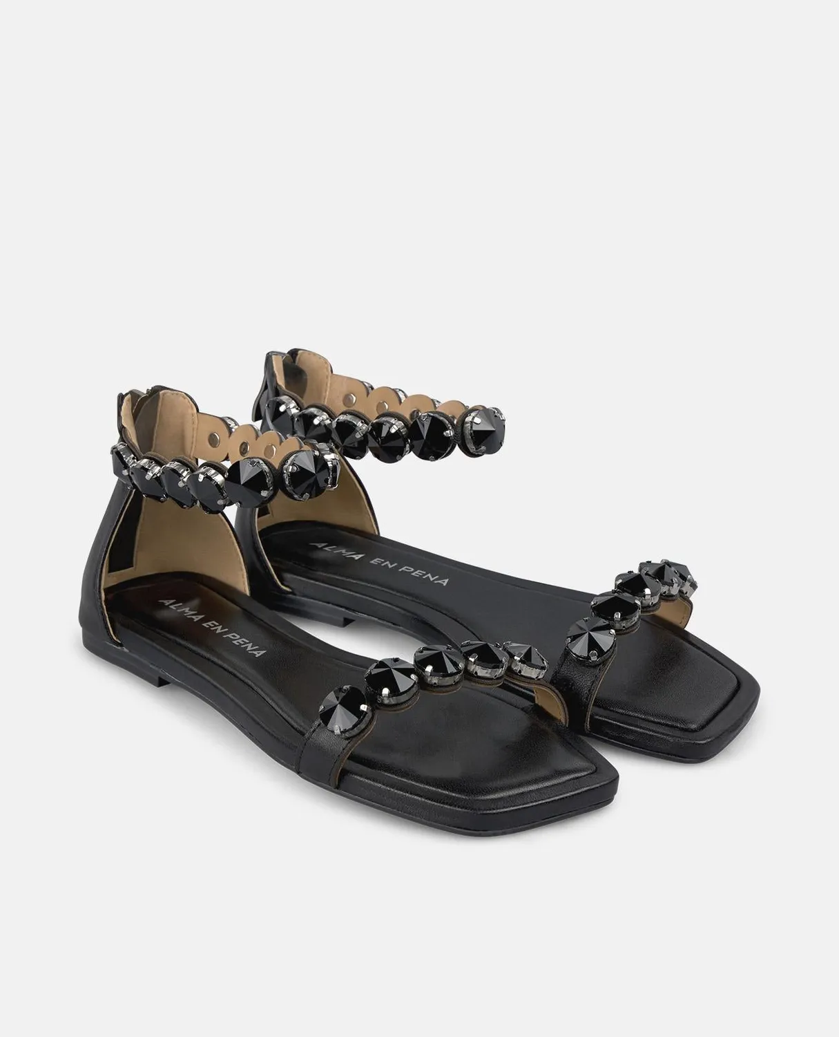 Alma en Pena V251963 sandales plates noir cuir strass 1 cm