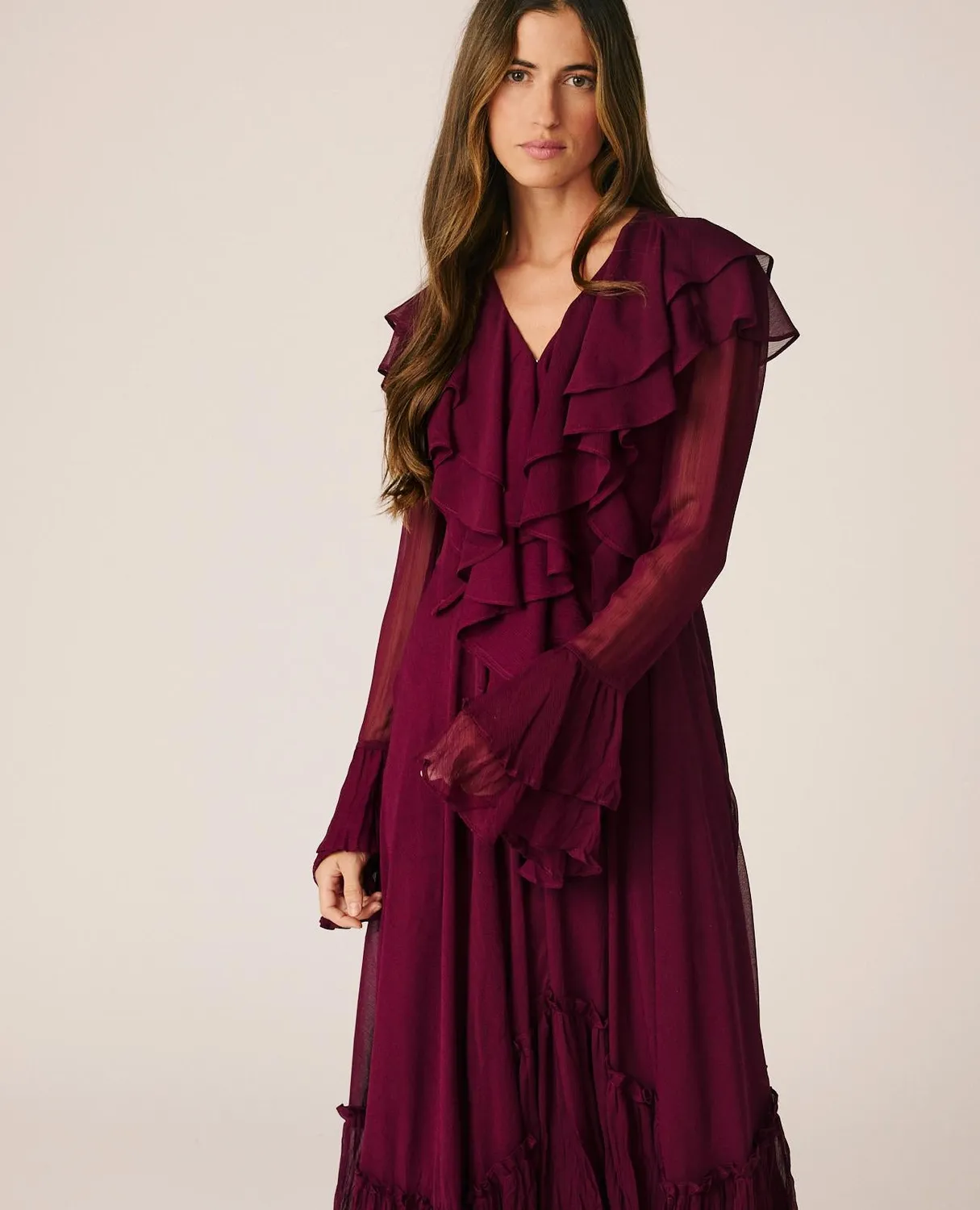 Alma en Pena I26CL0205 robe longue gaze bordeaux volants