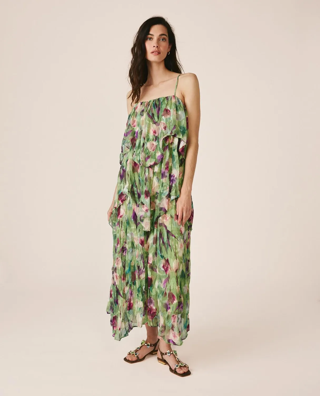 Alma en Pena V26CL0249 robe midi verte volants