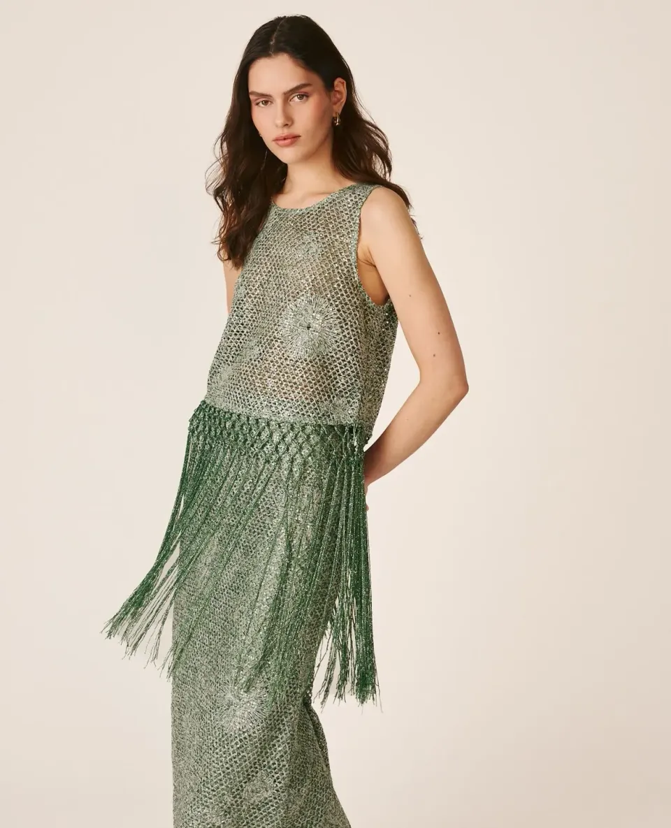 Alma en Pena V26CL0627 top vert franges sequins
