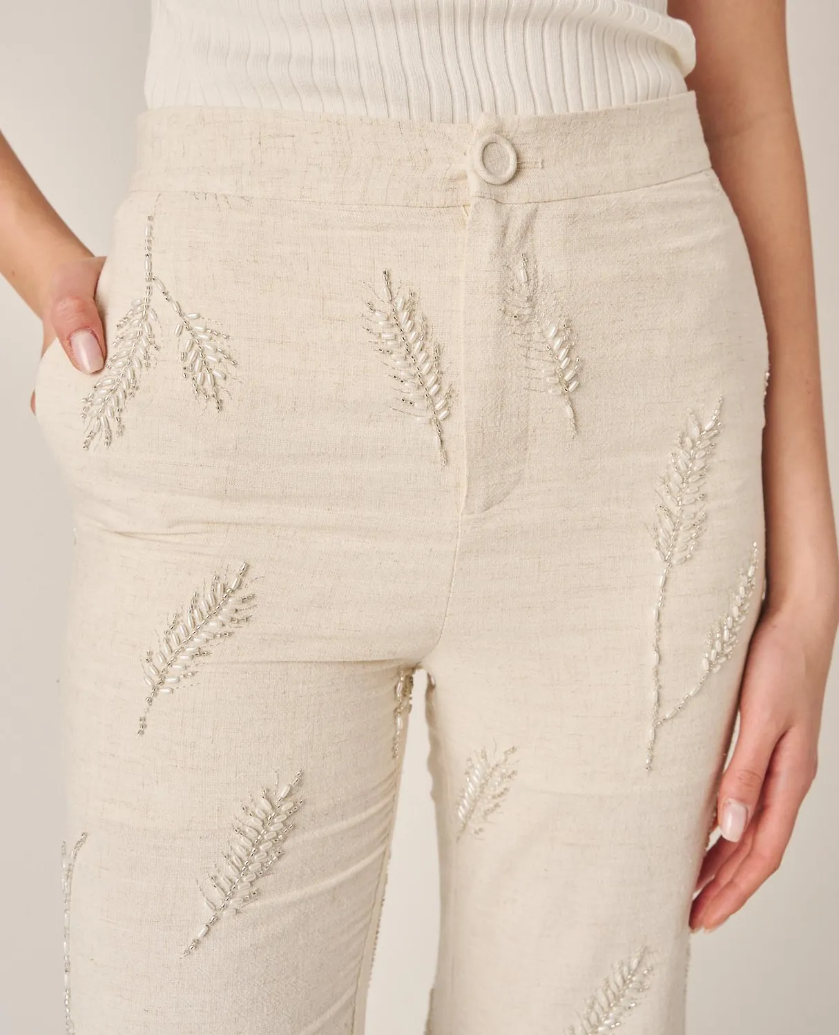 Alma en Pena V26CL1604 pantalon évasé brodé blanc