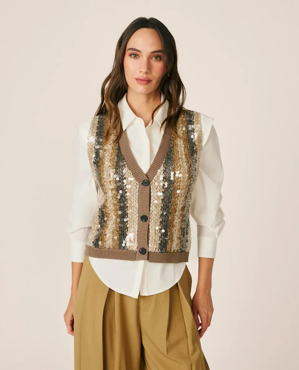 Alma en Pena I26CL1406 gilet maille marron sequins