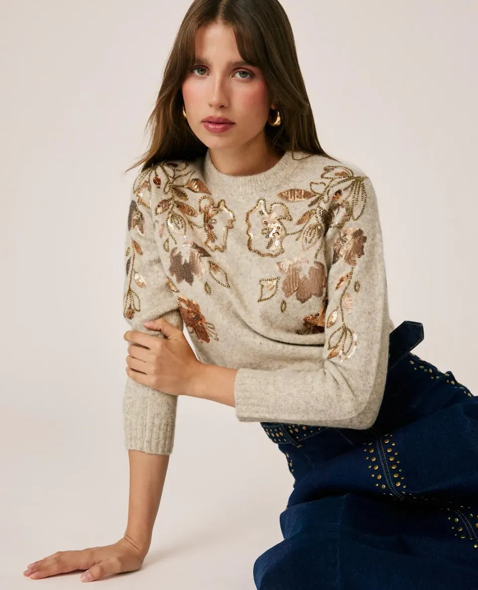 Alma en Pena I26CL0808 pull beige brodé fleurs