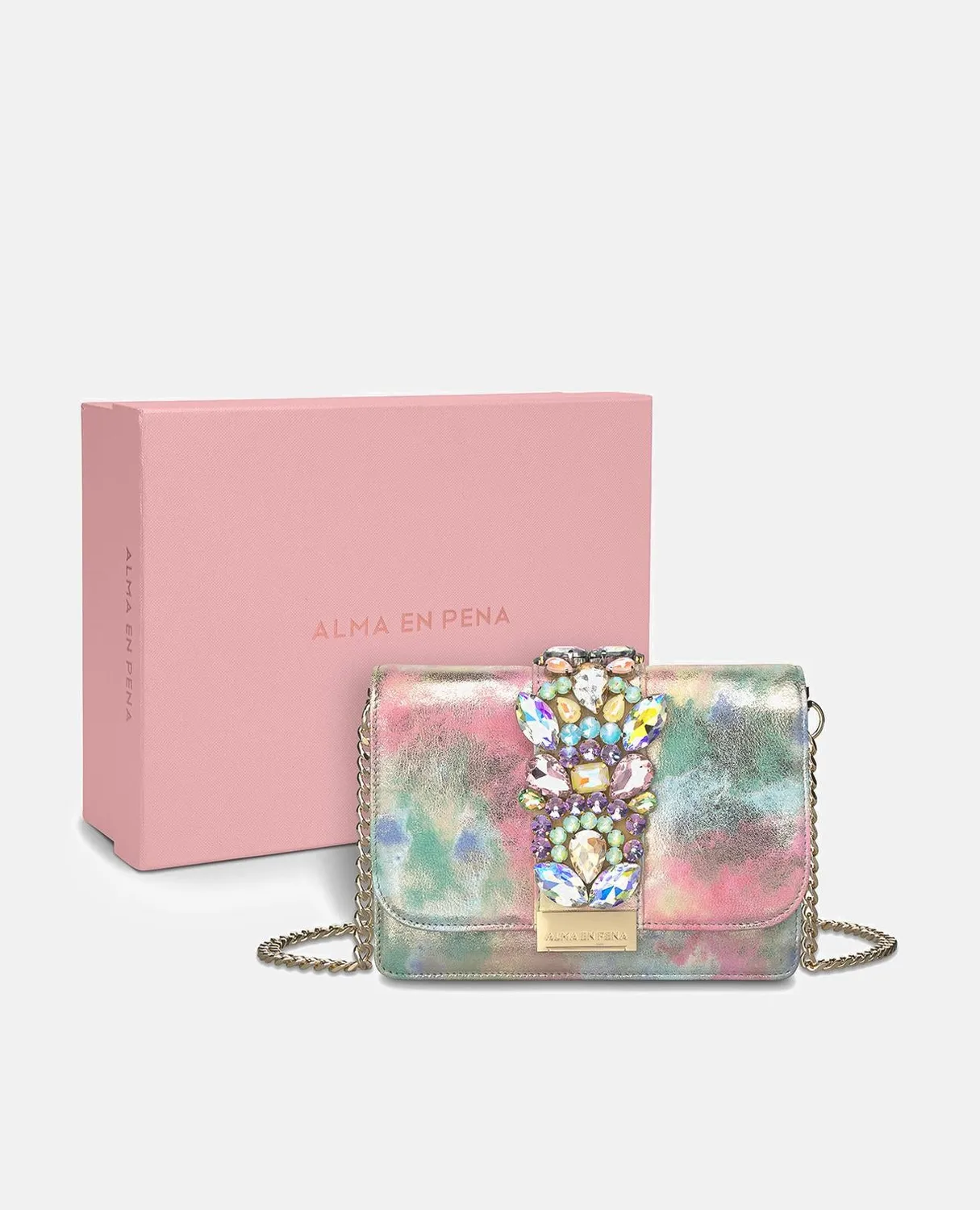 Alma en Pena BG103 clutch cuir rose à strass chaîne