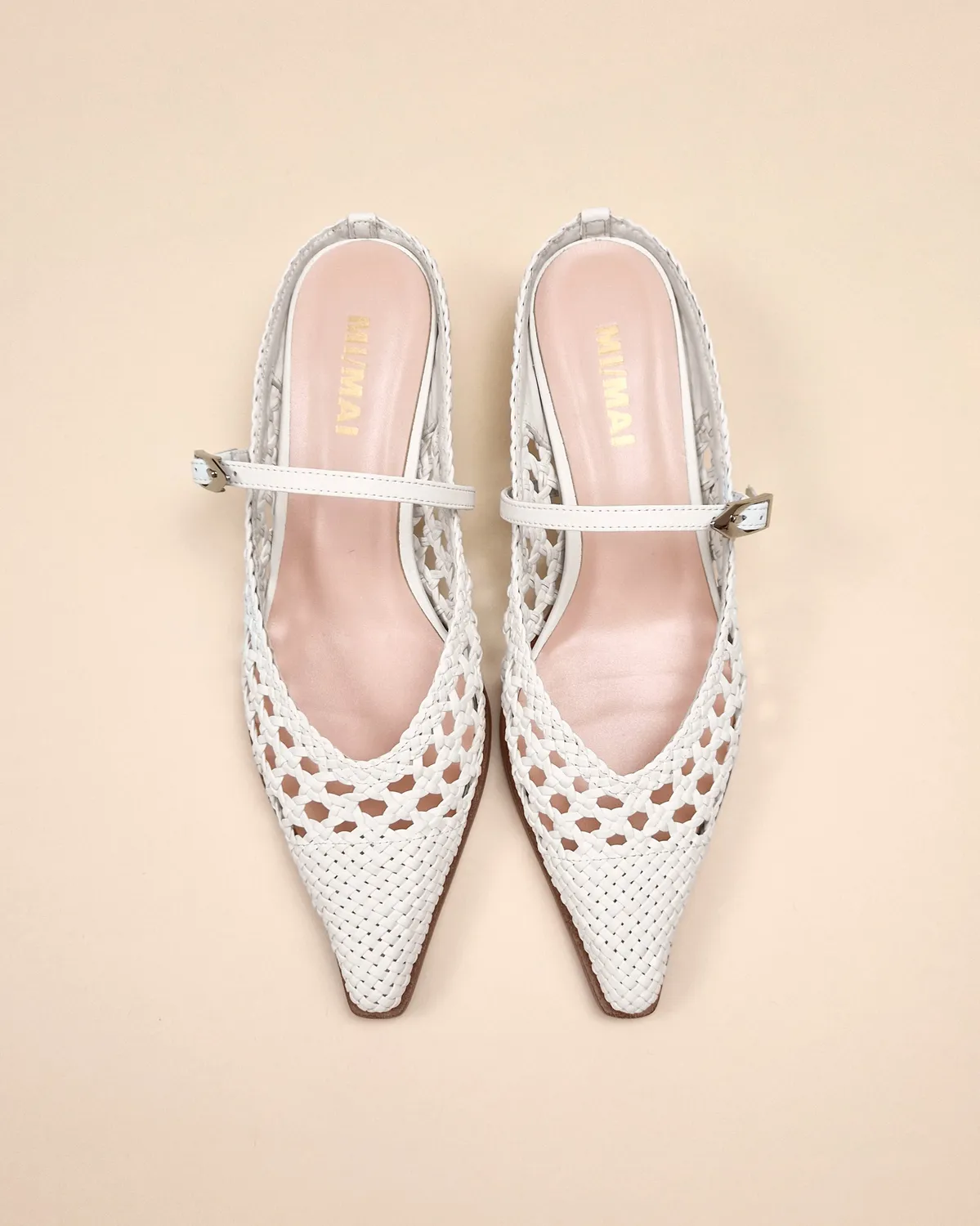 Mi/Mai Suzanne Woven White mule tressé blanc talon