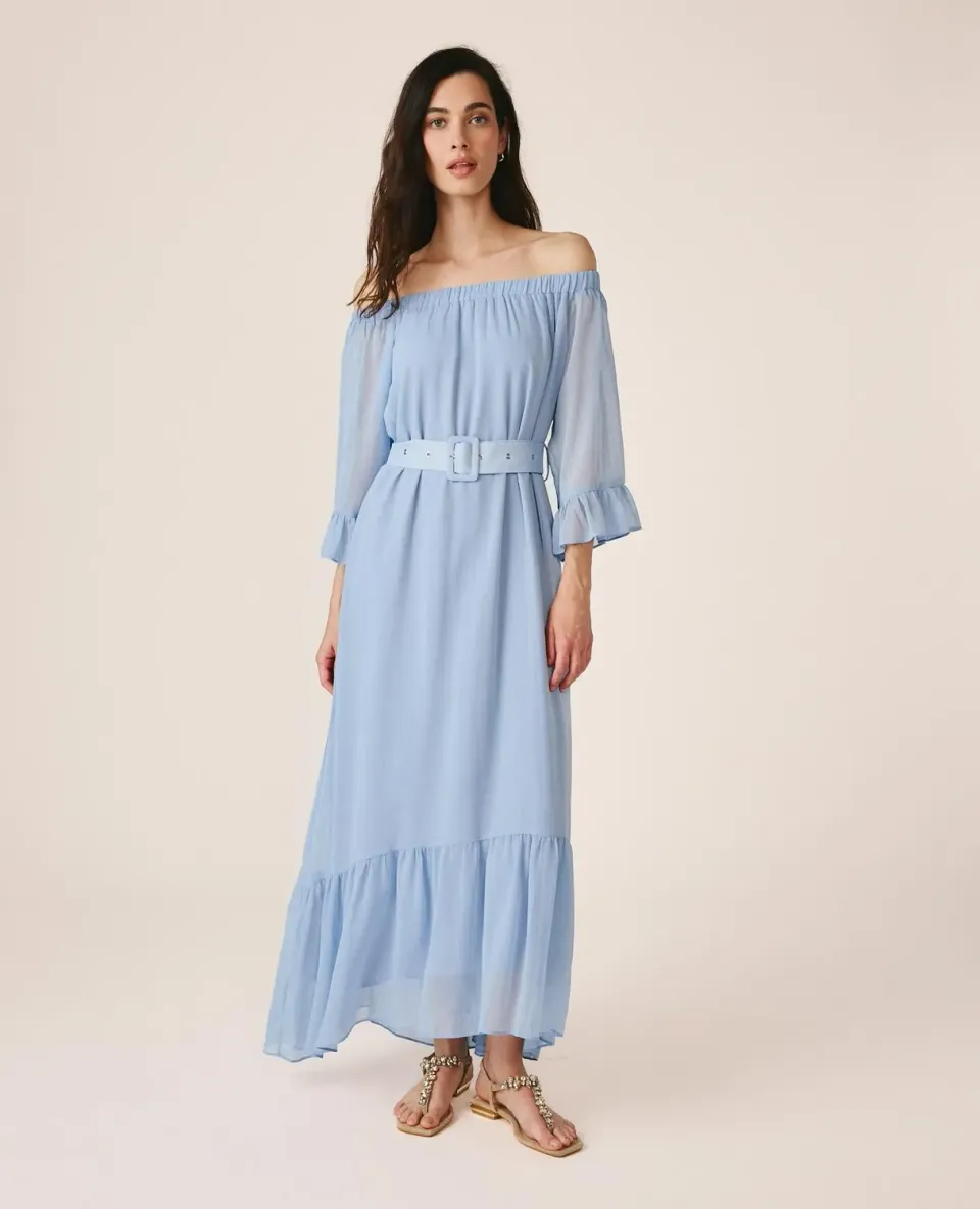 Alma en Pena V26CL0253 robe midi ciel bardot fluide