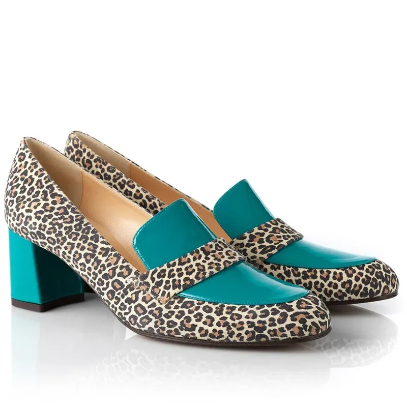 Bégum Paris Moscou mocassins ocelot turquoise cuir