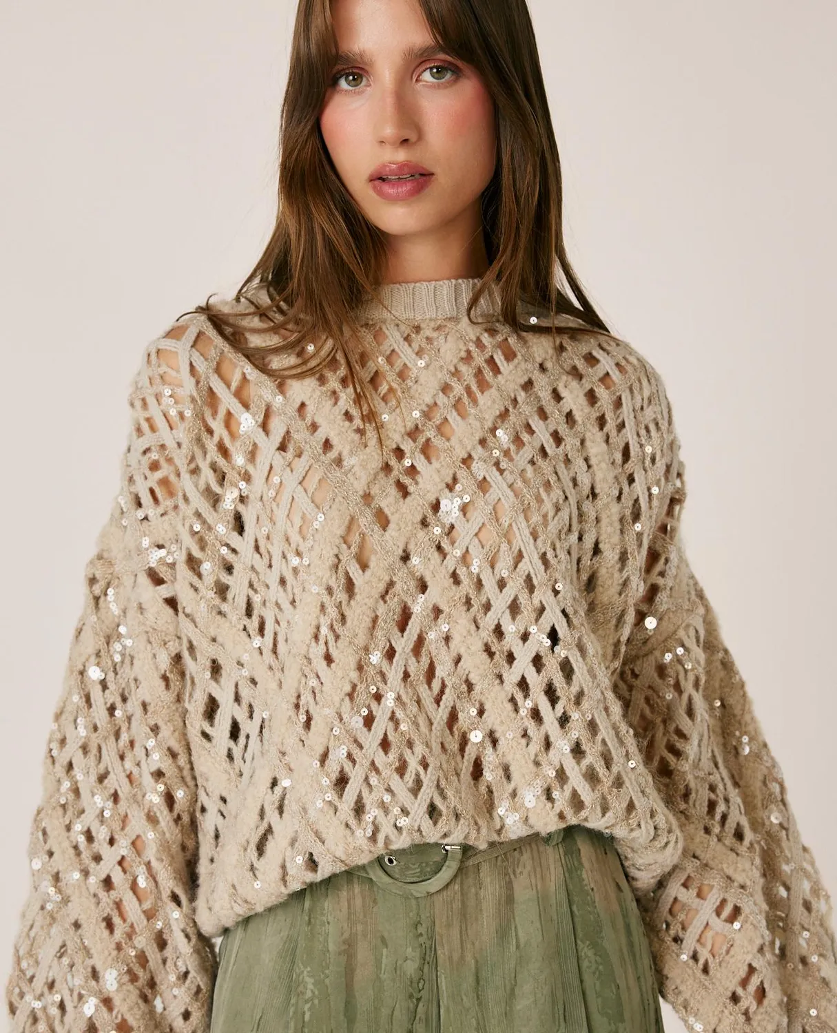 Alma en Pena I26CL0801 pull sequins maille marron laine