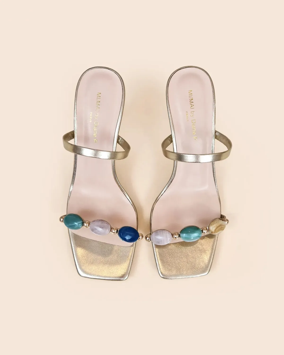 Mi/Mai Naxos Gold mules dorées cabochons talon soirée