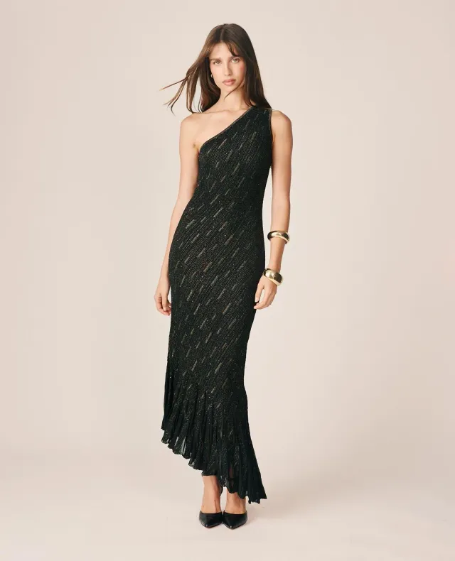 Alma en Pena I26CL0243 robe midi noire sirène brillant